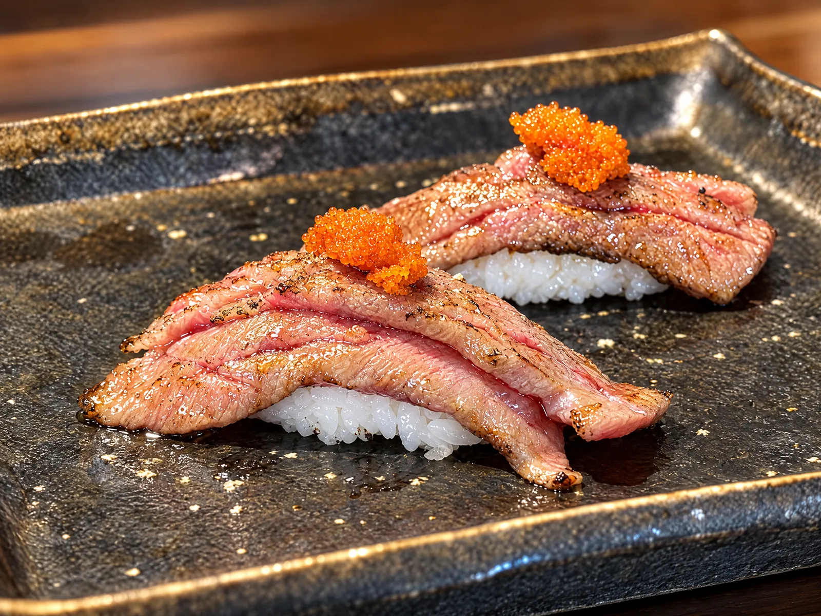 Seared aburi nigiri with roe at Kikoo Sushi Upper West Side
