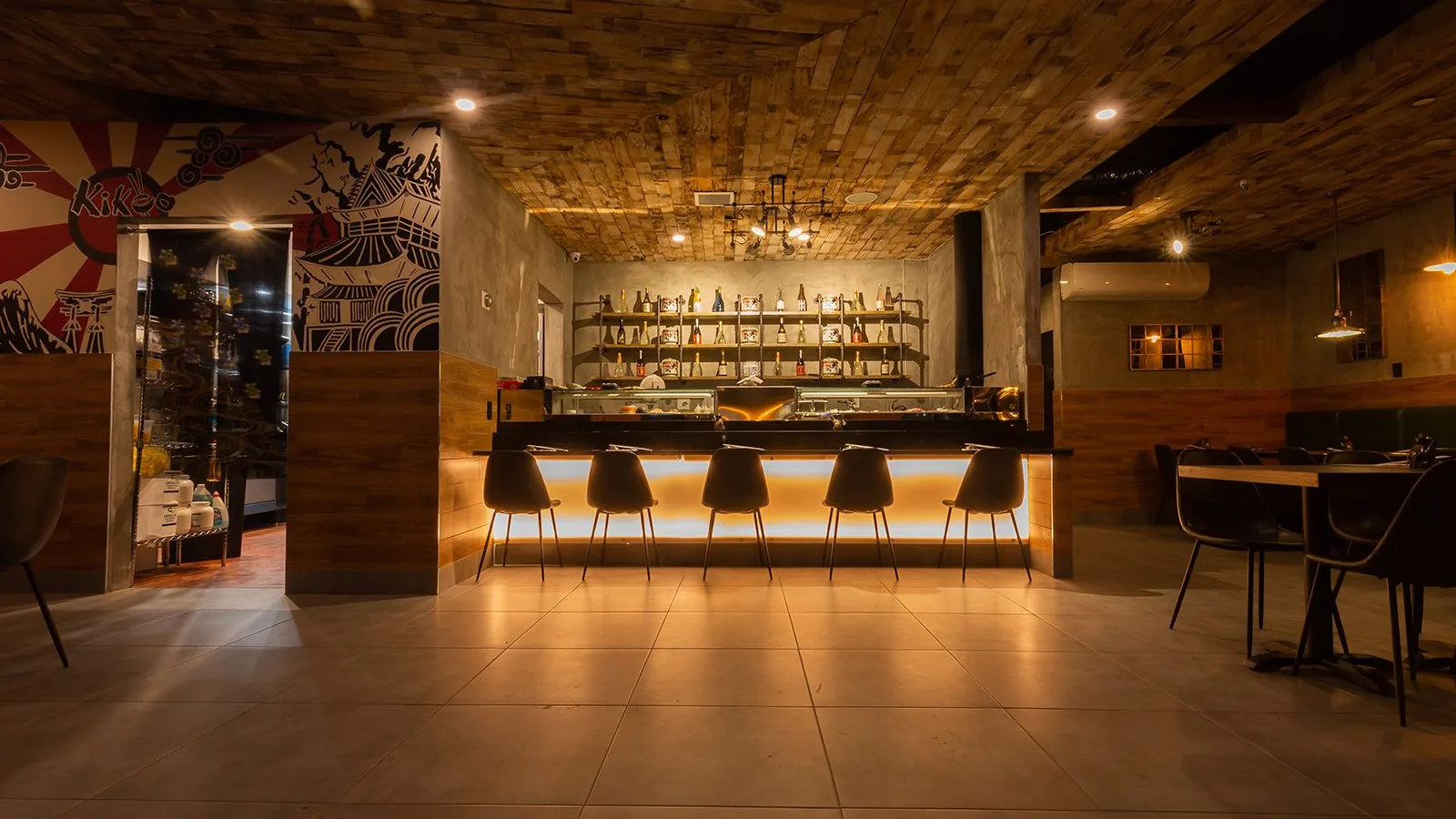 Sushi bar and KIKOO mural inside Kikoo Sushi at 998 Columbus Ave, Upper West Side